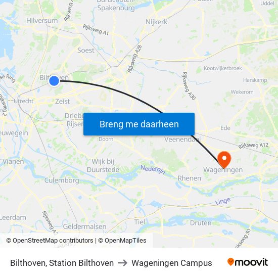 Bilthoven, Station Bilthoven to Wageningen Campus map
