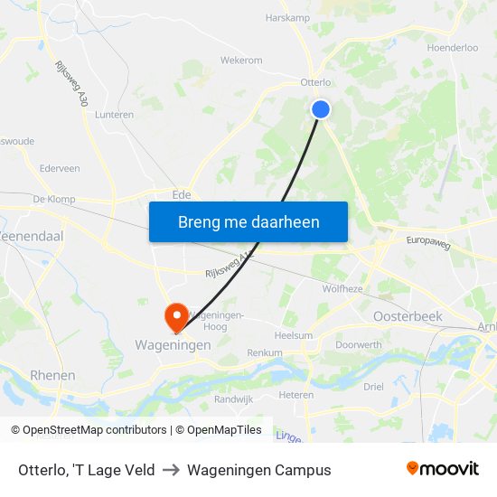 Otterlo, 'T Lage Veld to Wageningen Campus map