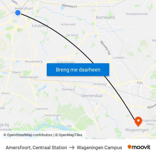 Amersfoort, Centraal Station to Wageningen Campus map