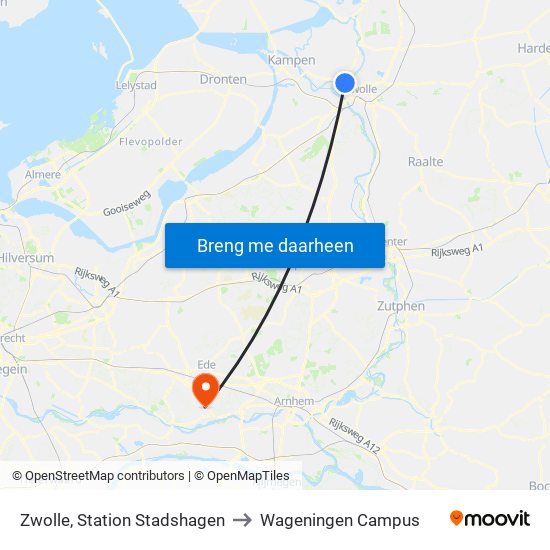 Zwolle, Station Stadshagen to Wageningen Campus map