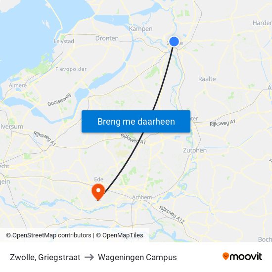 Zwolle, Griegstraat to Wageningen Campus map
