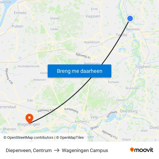 Diepenveen, Centrum to Wageningen Campus map