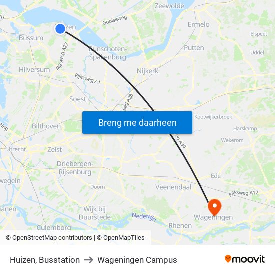 Huizen, Busstation to Wageningen Campus map