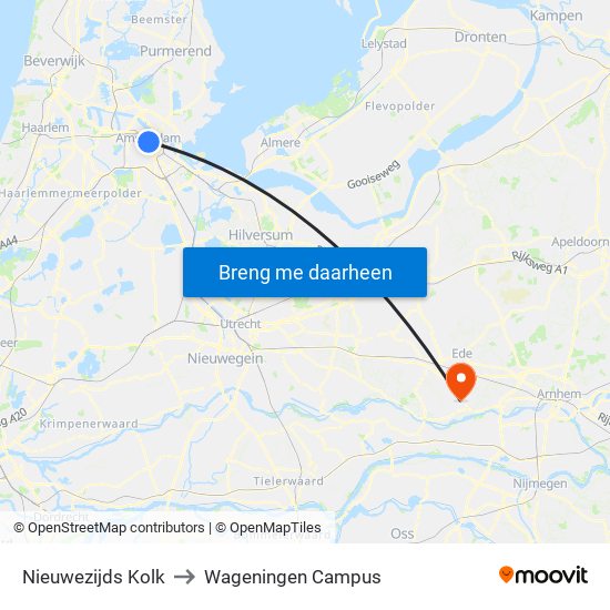 Nieuwezijds Kolk to Wageningen Campus map