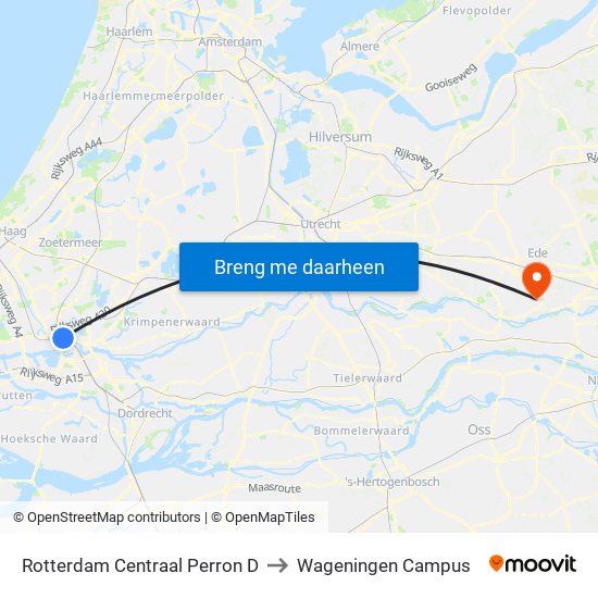 Rotterdam Centraal Perron D to Wageningen Campus map