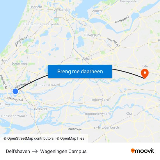 Delfshaven to Wageningen Campus map