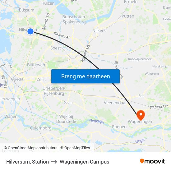 Hilversum, Station to Wageningen Campus map