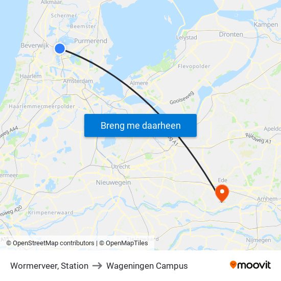 Wormerveer, Station to Wageningen Campus map