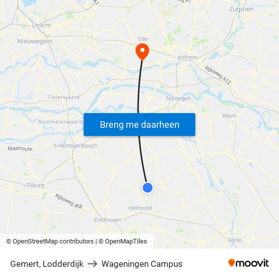 Gemert, Lodderdijk to Wageningen Campus map