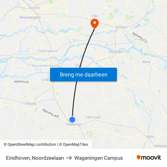 Eindhoven, Noordzeelaan to Wageningen Campus map