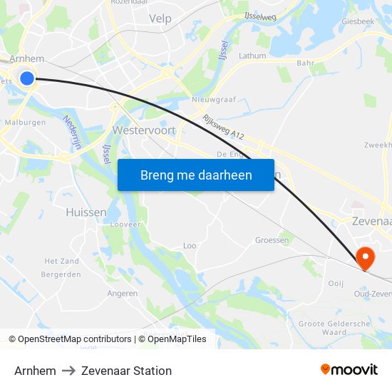 Arnhem to Zevenaar Station map