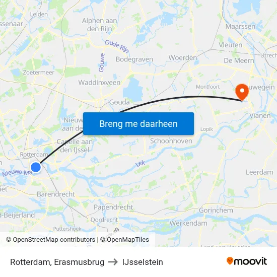 Rotterdam, Erasmusbrug to IJsselstein map