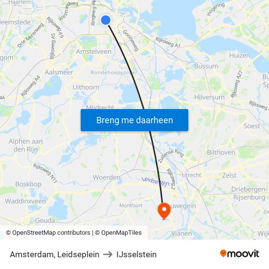 Amsterdam, Leidseplein to IJsselstein map