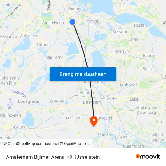 Amsterdam Bijlmer Arena to IJsselstein map
