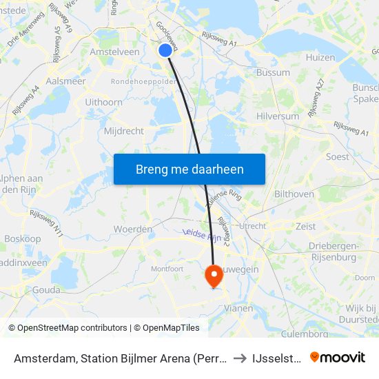 Amsterdam, Station Bijlmer Arena (Perron J) to IJsselstein map
