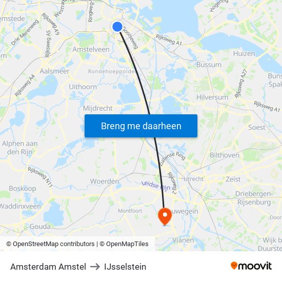 Amsterdam Amstel to IJsselstein map