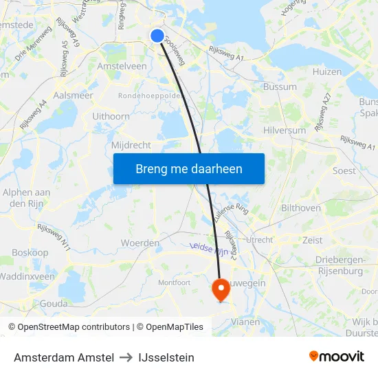 Amsterdam Amstel to IJsselstein map