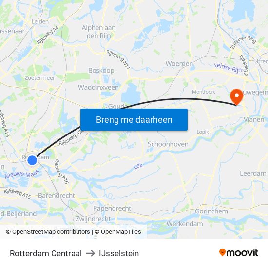 Rotterdam Centraal to IJsselstein map