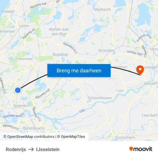 Rodenrijs to IJsselstein map