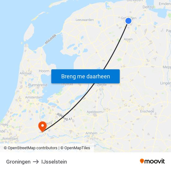 Groningen to IJsselstein map