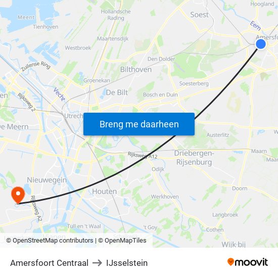 Amersfoort Centraal to IJsselstein map