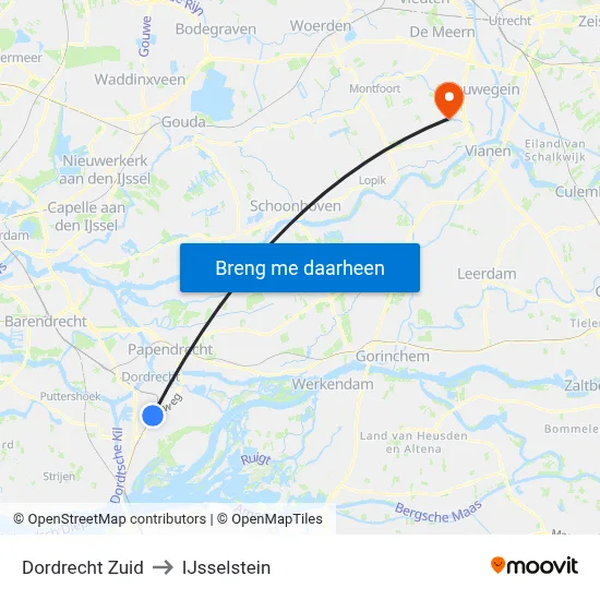 Dordrecht Zuid to IJsselstein map