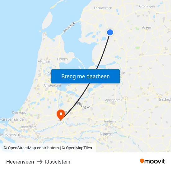 Heerenveen to IJsselstein map