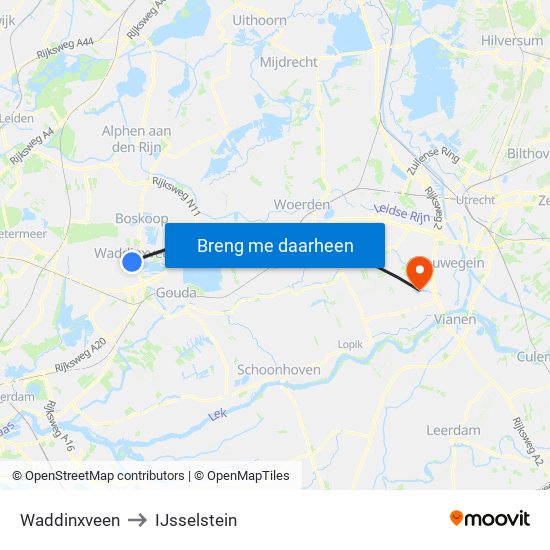 Waddinxveen to IJsselstein map