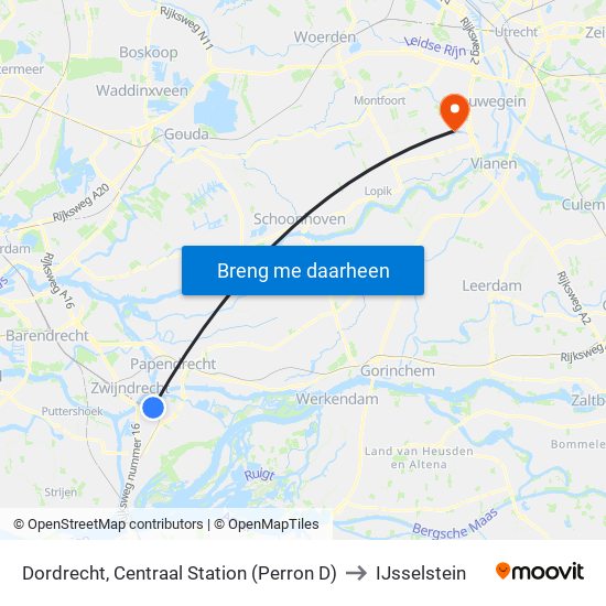 Dordrecht, Centraal Station (Perron D) to IJsselstein map