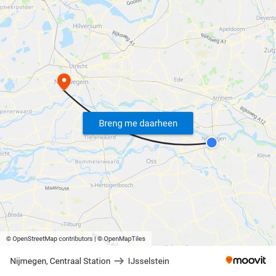 Nijmegen, Centraal Station to IJsselstein map