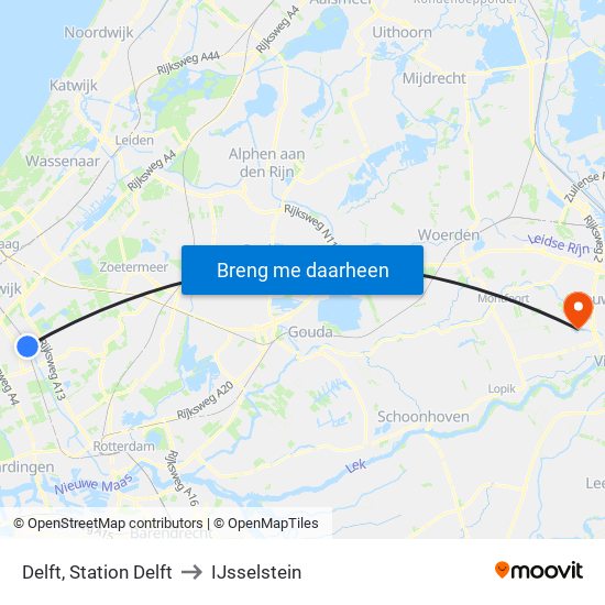 Delft, Station Delft to IJsselstein map