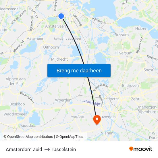 Amsterdam Zuid to IJsselstein map