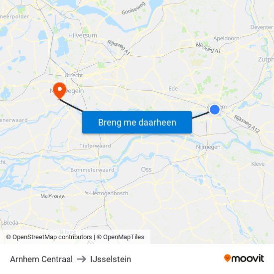 Arnhem Centraal to IJsselstein map