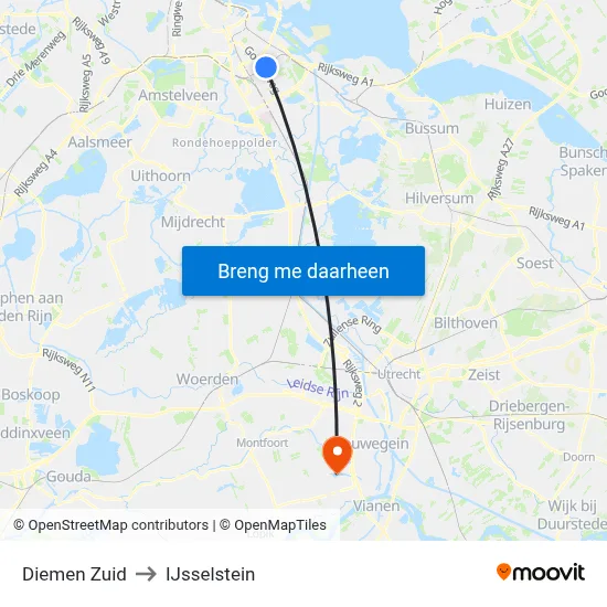 Diemen Zuid to IJsselstein map