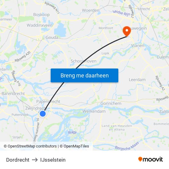 Dordrecht to IJsselstein map
