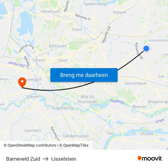 Barneveld Zuid to IJsselstein map
