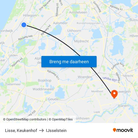 Lisse, Keukenhof to IJsselstein map