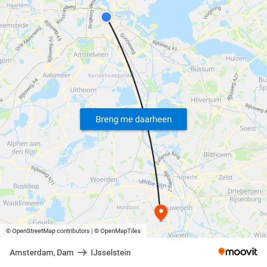 Amsterdam, Dam to IJsselstein map