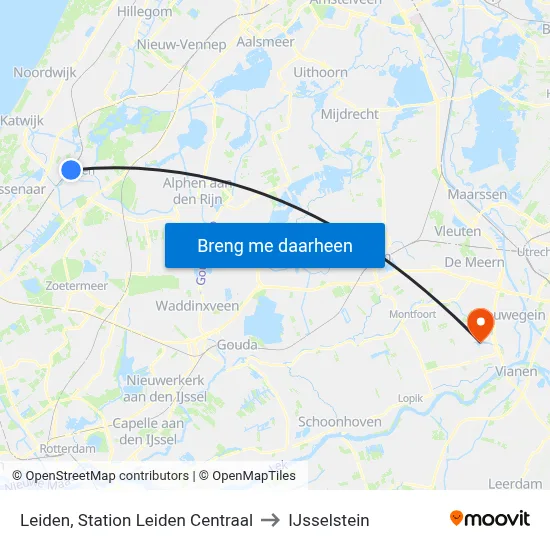 Leiden, Station Leiden Centraal to IJsselstein map