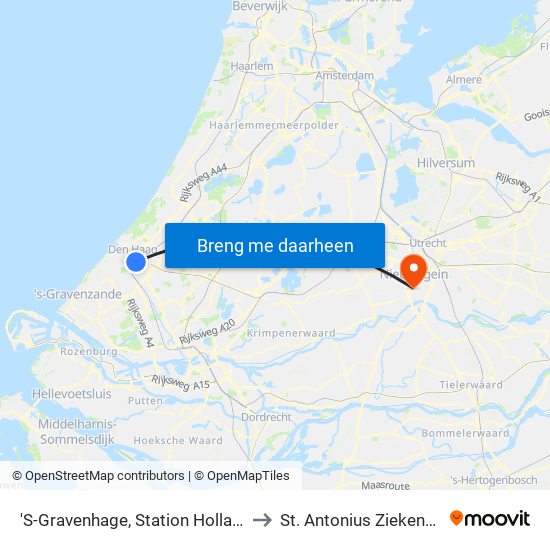 'S-Gravenhage, Station Hollands Spoor (Perron A) to St. Antonius Ziekenhuis afdeling H2 map