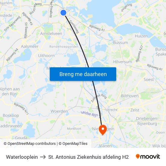 Waterlooplein to St. Antonius Ziekenhuis afdeling H2 map
