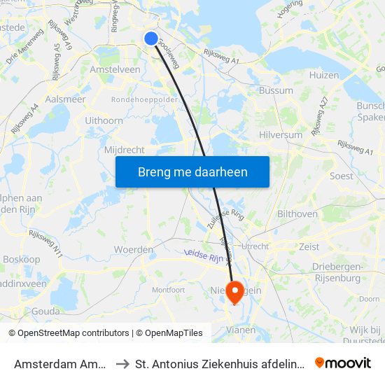Amsterdam Amstel to St. Antonius Ziekenhuis afdeling H2 map