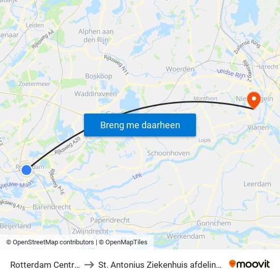 Rotterdam Centraal to St. Antonius Ziekenhuis afdeling H2 map