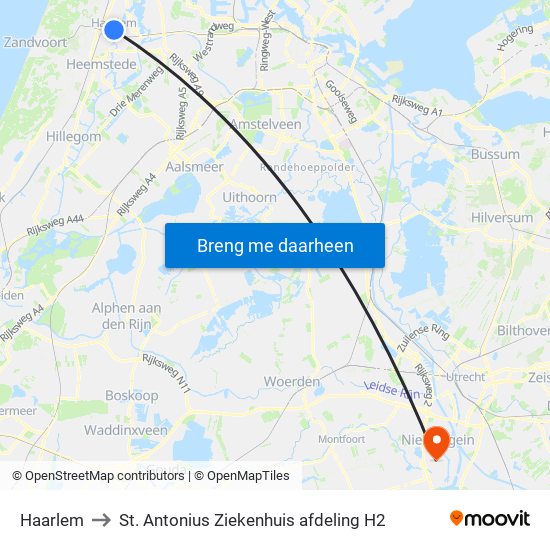 Haarlem to St. Antonius Ziekenhuis afdeling H2 map