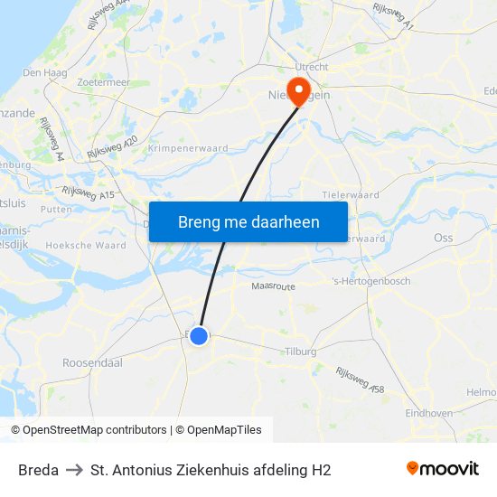 Breda to St. Antonius Ziekenhuis afdeling H2 map