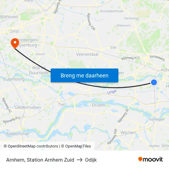 Arnhem, Station Arnhem Zuid to Odijk map