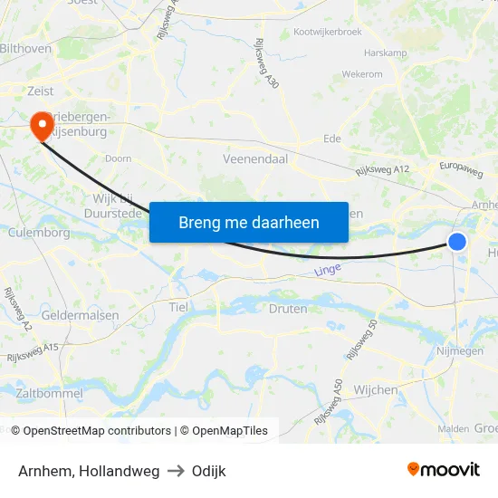 Arnhem, Hollandweg to Odijk map