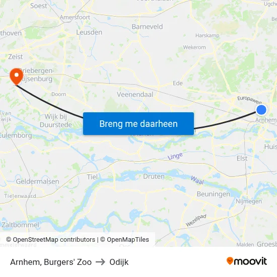 Arnhem, Burgers' Zoo to Odijk map