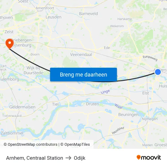 Arnhem, Centraal Station to Odijk map