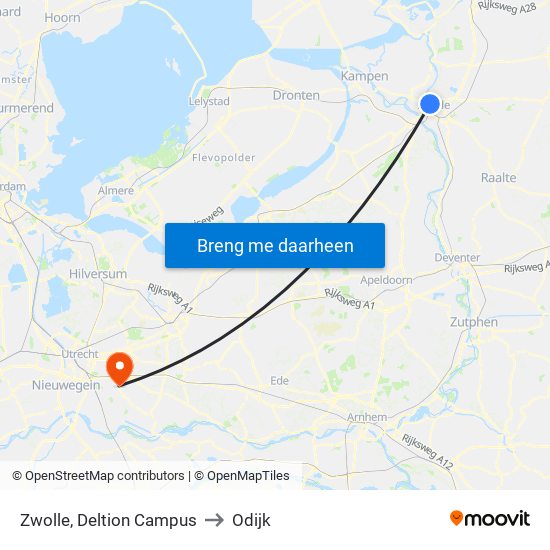 Zwolle, Deltion Campus to Odijk map